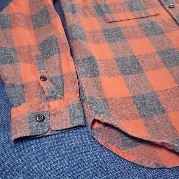REI Co-op Mens Large Orange Gray Buffalo Plaid Organic Cotton Flannel Shirt - Picture 3 of 10
